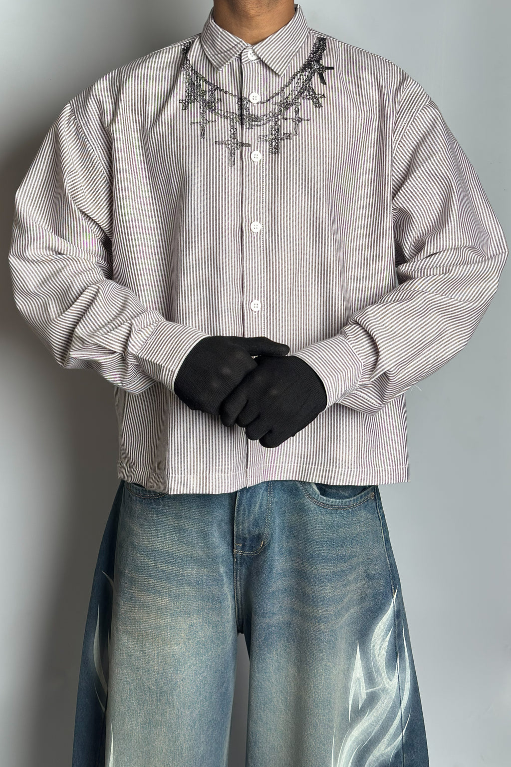 Cross Print Striped Cropped Boxy Shirt - Dark Grey Stripes