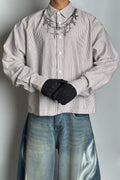 Cross Print Striped Cropped Boxy Shirt - Dark Grey Stripes