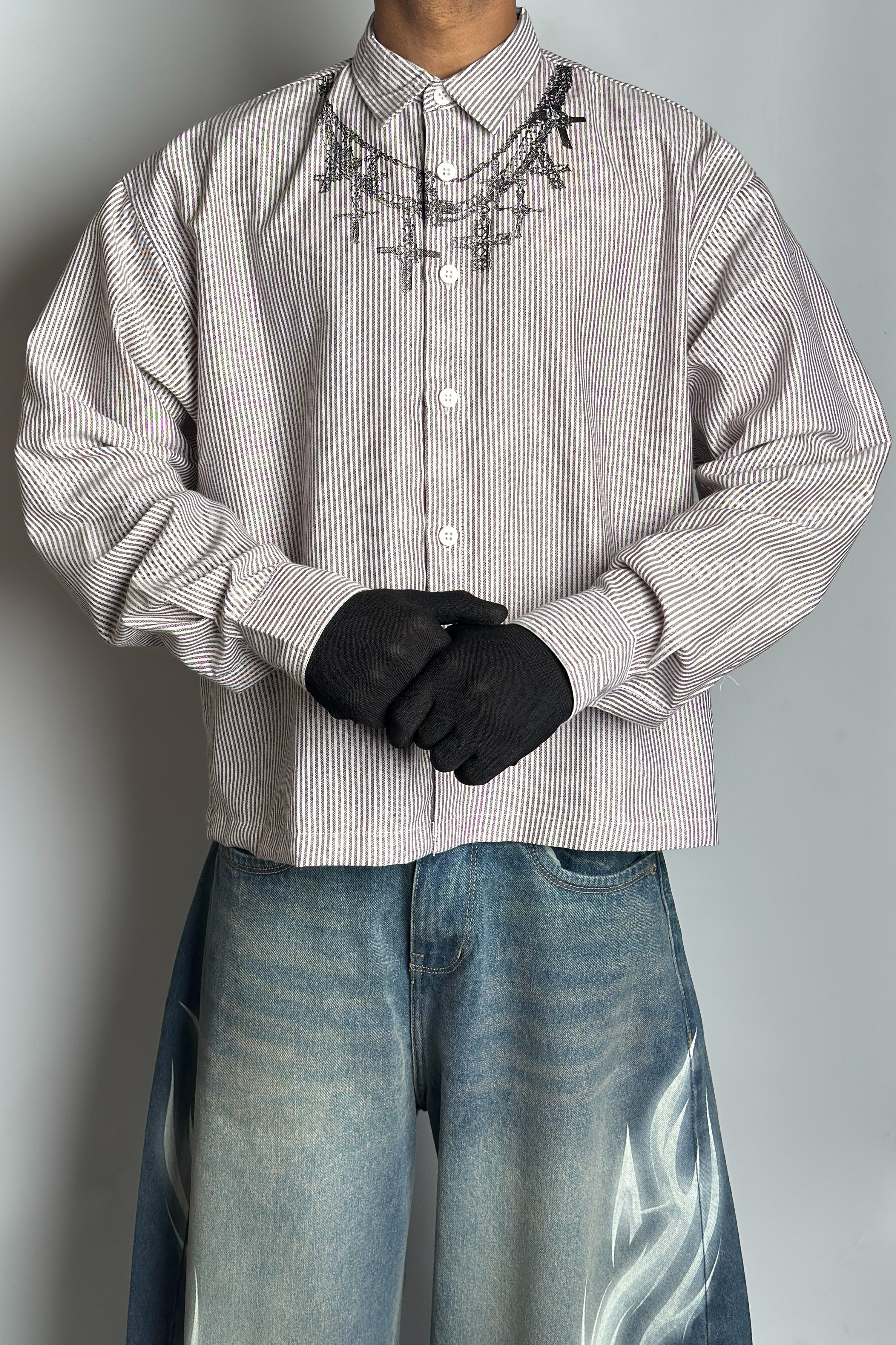 Cross Print Striped Cropped Boxy Shirt - Dark Grey Stripes