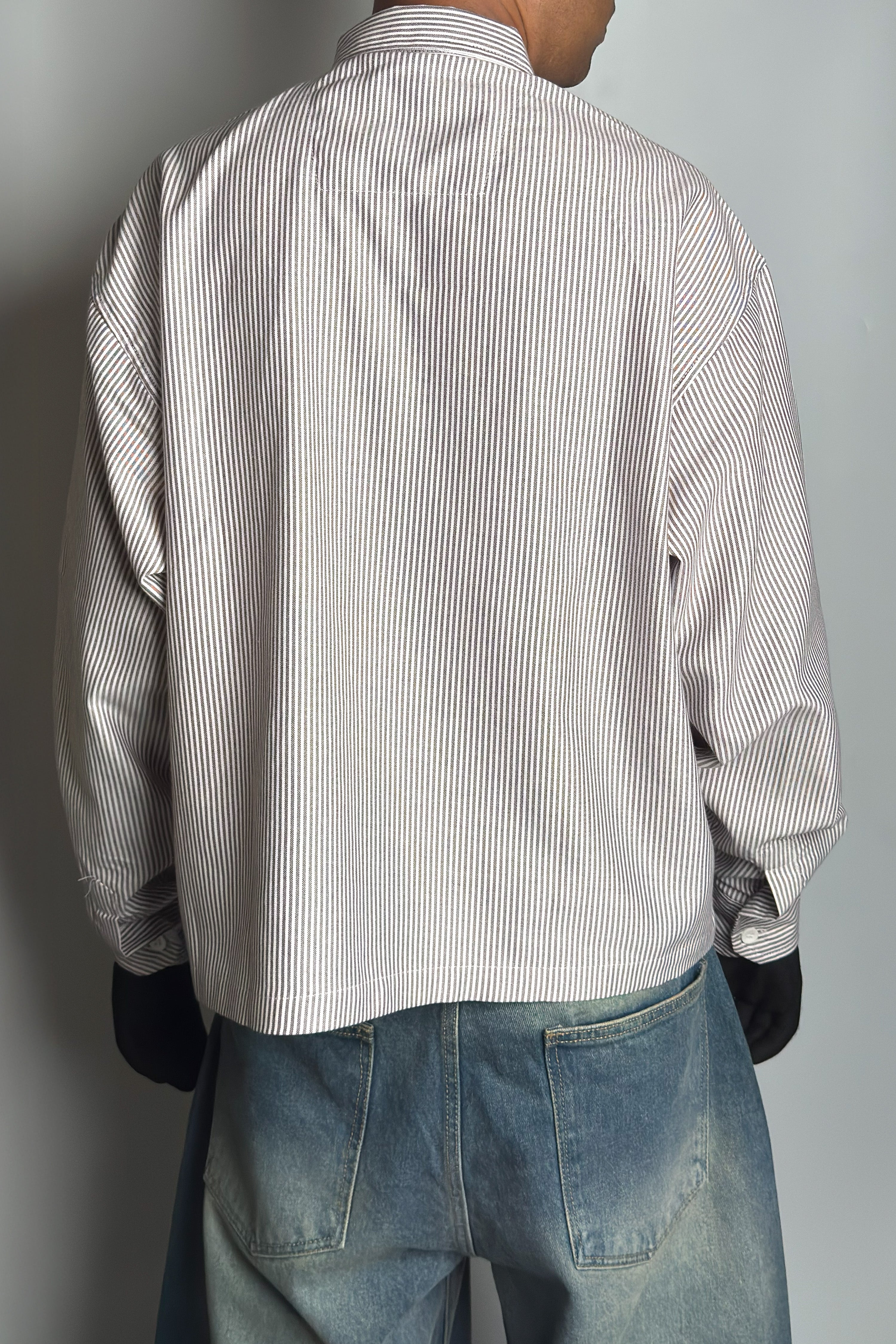 Cross Print Striped Cropped Boxy Shirt - Dark Grey Stripes