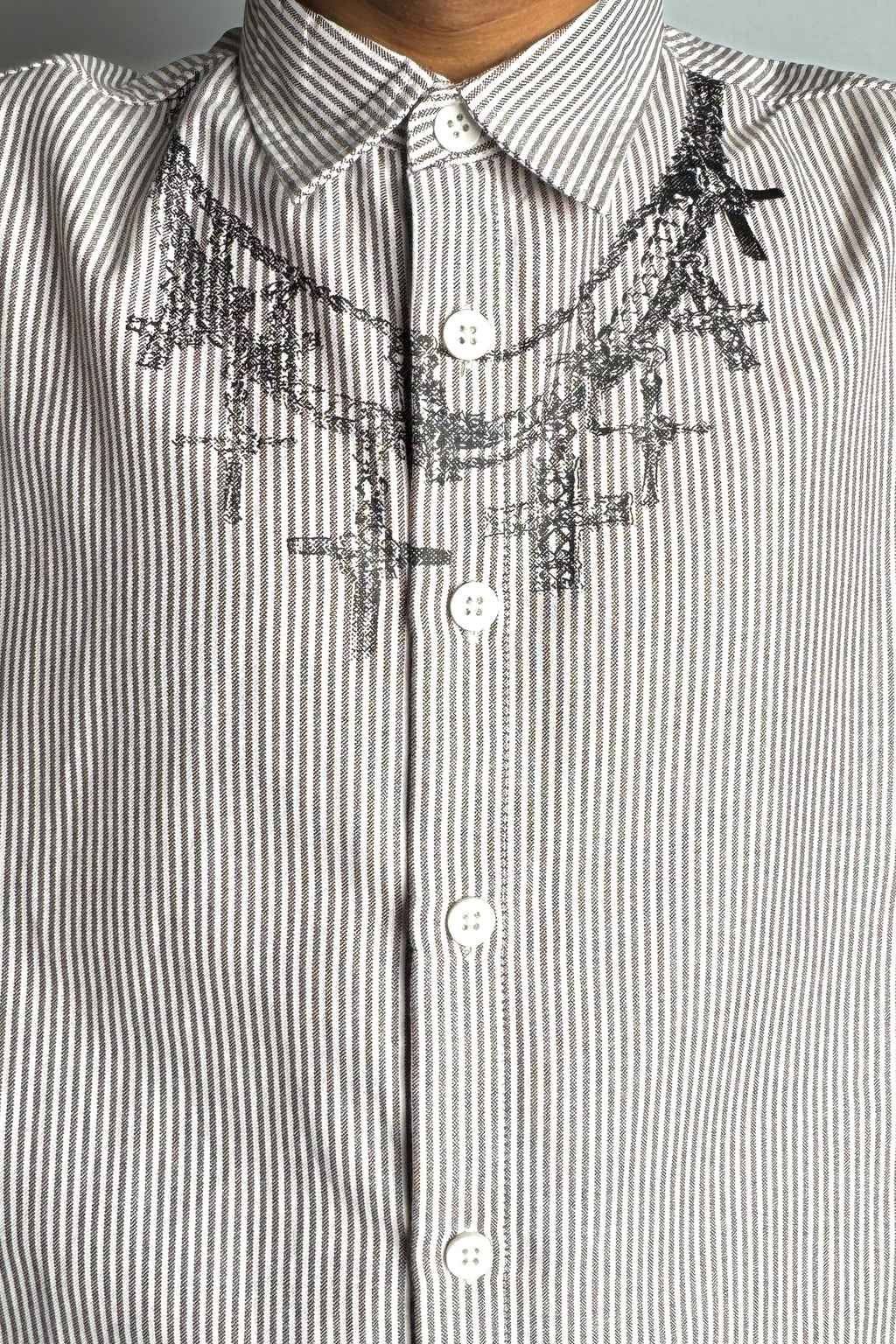 Cross Print Striped Cropped Boxy Shirt - Dark Grey Stripes