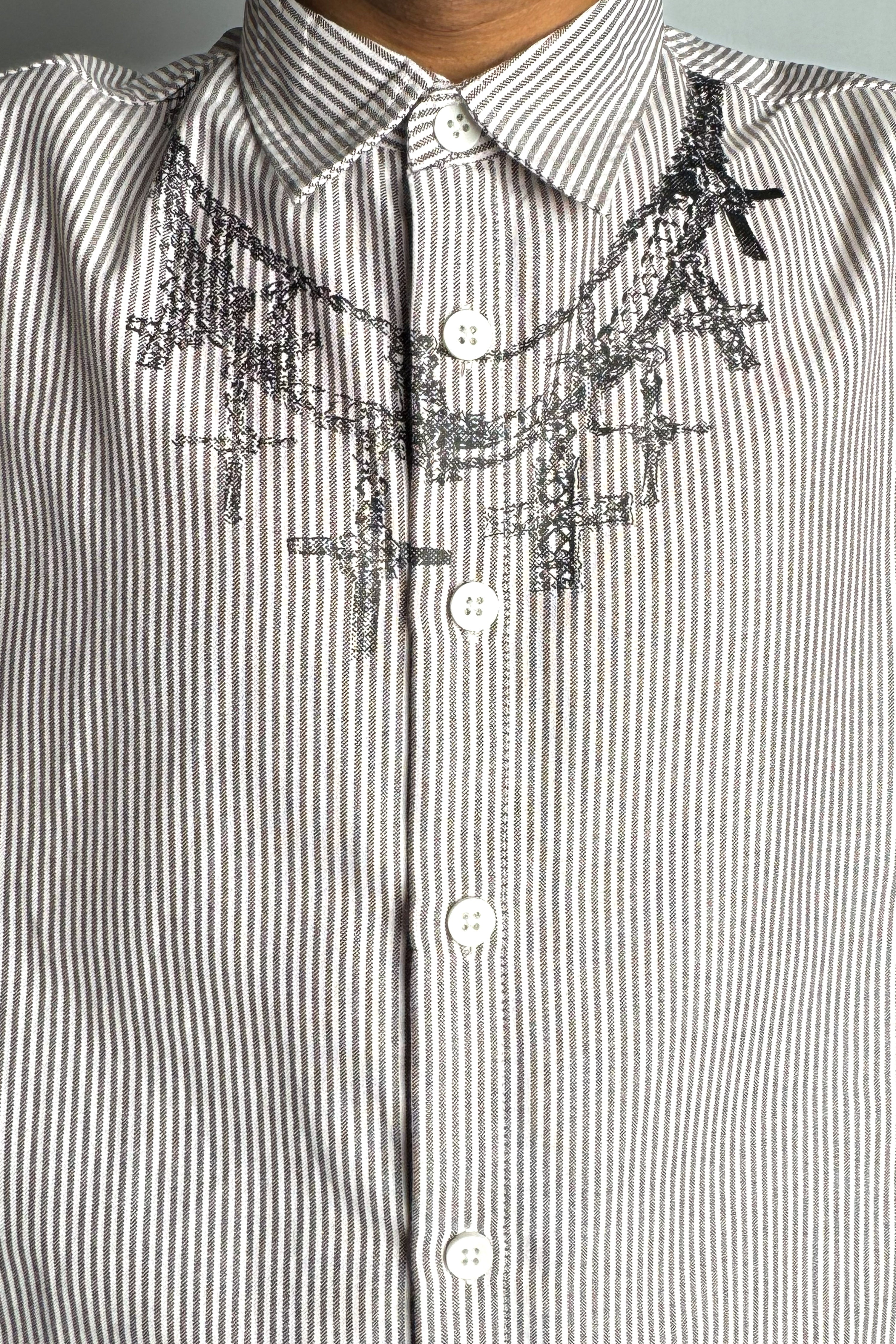 Cross Print Striped Cropped Boxy Shirt - Dark Grey Stripes