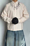 Cross Print Striped Cropped Boxy Shirt - Beige Stripes