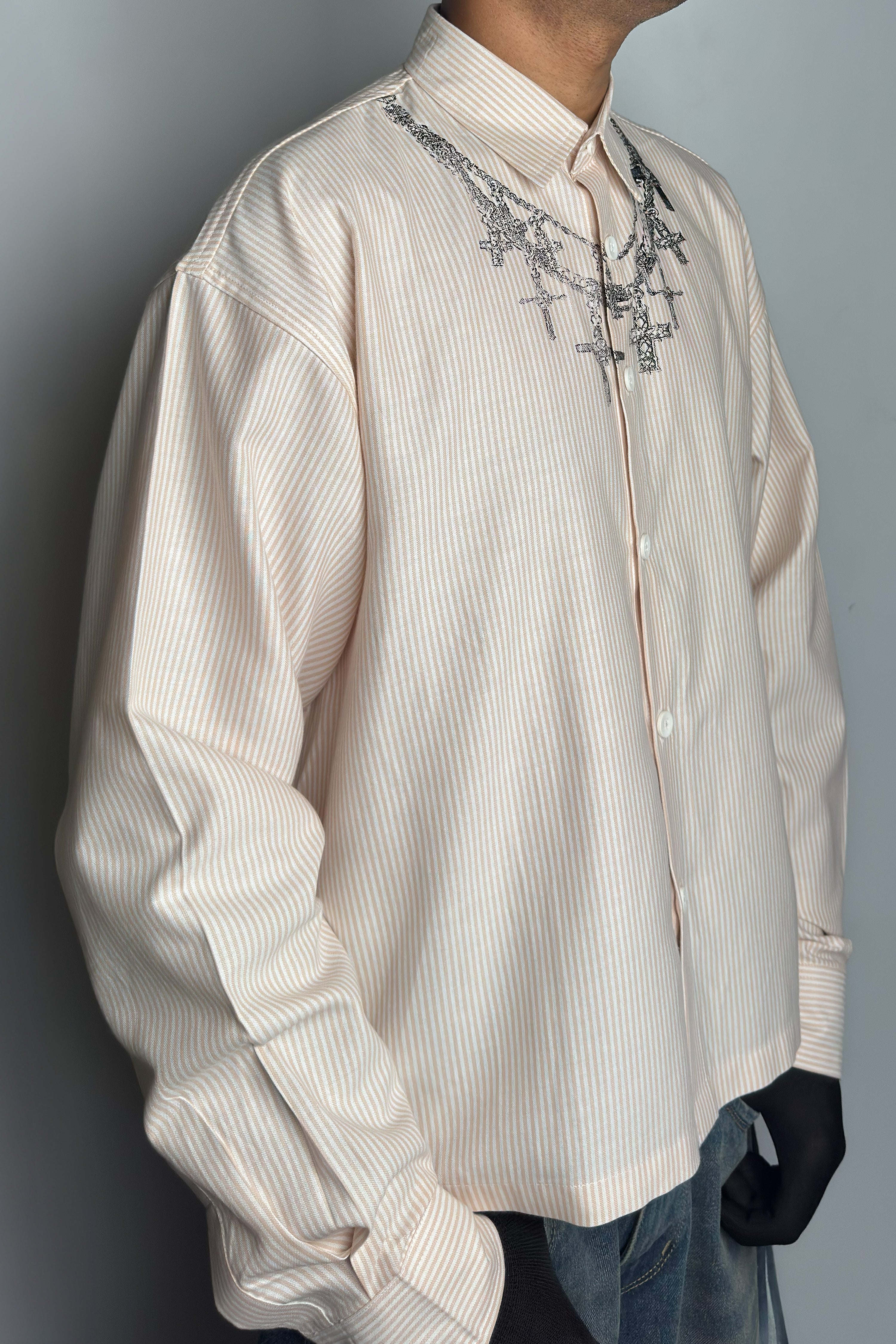 Cross Print Striped Cropped Boxy Shirt - Beige Stripes